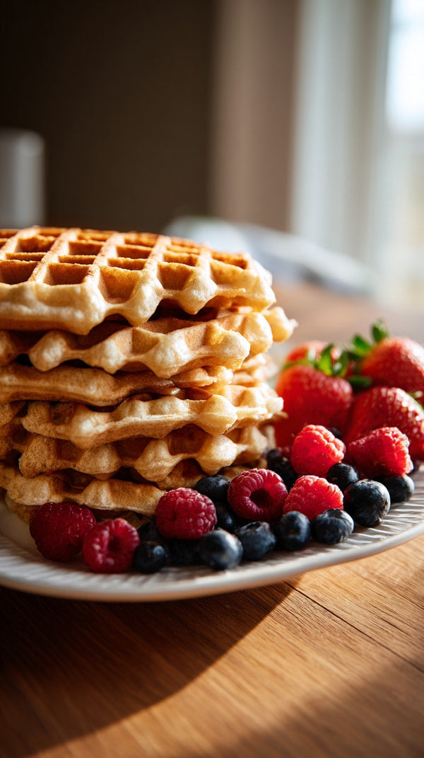 A Stack Of Golden Brown Waffles Topped With Fresh Berries On A White Plate — Stock Photo