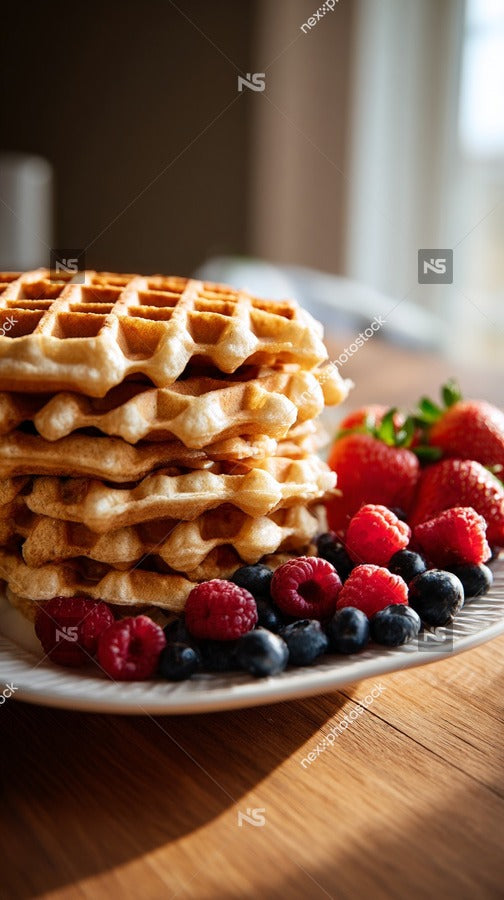 A Stack Of Golden Brown Waffles Topped With Fresh Berries On A White Plate — Stock Photo