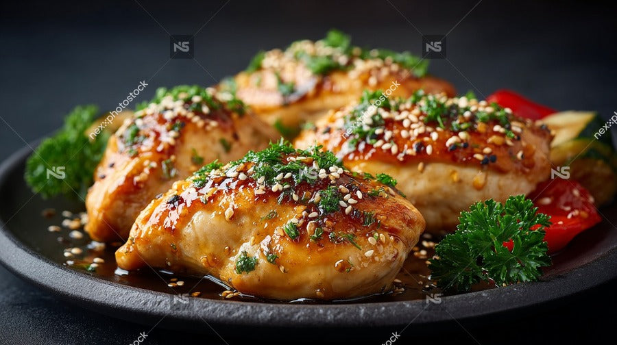 Chicken With Sesame Seeds And Vegetables On A Black Plate Garnished With Green Herbs Served On A Dining Table — Stock Photo