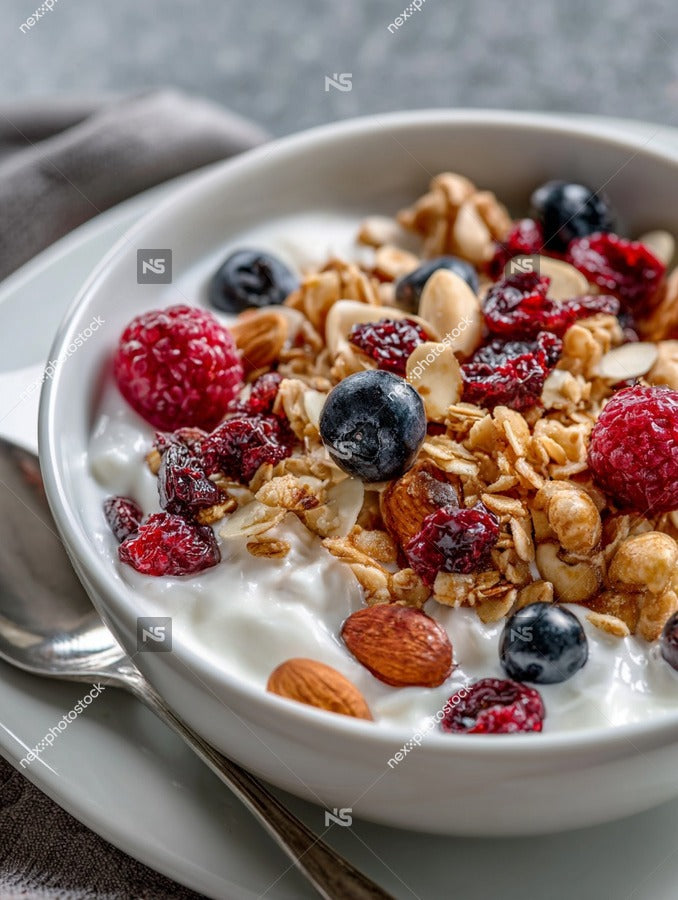 A Bowl Of Cereal With Berries And Nuts Served In A White Bowl On A Table — Stock Photo