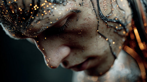 Close Up Portrait Of A Person With Water Droplets On Their Face And Body Creating A Glittering Effect — Stock Photo