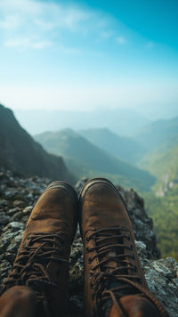 A Person S Feet In Brown Boots With A Mountainous Landscape In The Background Seen From A High Vantage Point — Stock Photo
