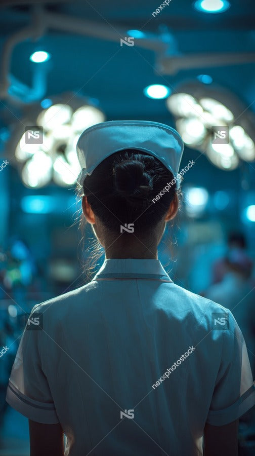 Nurse In Hospital Standing In Front Of A Blue Background With Medical Equipment And Lights In The Background — Stock Photo