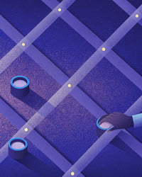 Illustration Of A Person Placing Circular Objects On A Blue Surface With A Grid Pattern In The Background — Stock Illustration