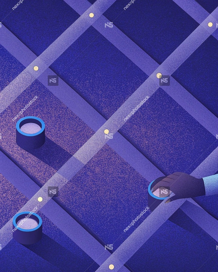 Illustration Of A Person Placing Circular Objects On A Blue Surface With A Grid Pattern In The Background — Stock Illustration