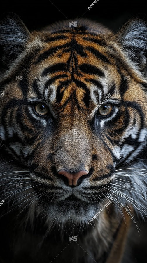A Close Up Portrait Of A Majestic Tiger With Striking Black And Orange Stripes Set Against A Dark Background — Stock Photo