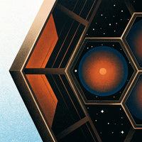 An Illustration Of A Hexagonal Spacecraft With A Starry Sky Background And A Red Planet In The Center — Stock Illustration