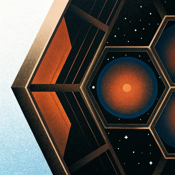 An Illustration Of A Hexagonal Spacecraft With A Starry Sky Background And A Red Planet In The Center — Stock Illustration