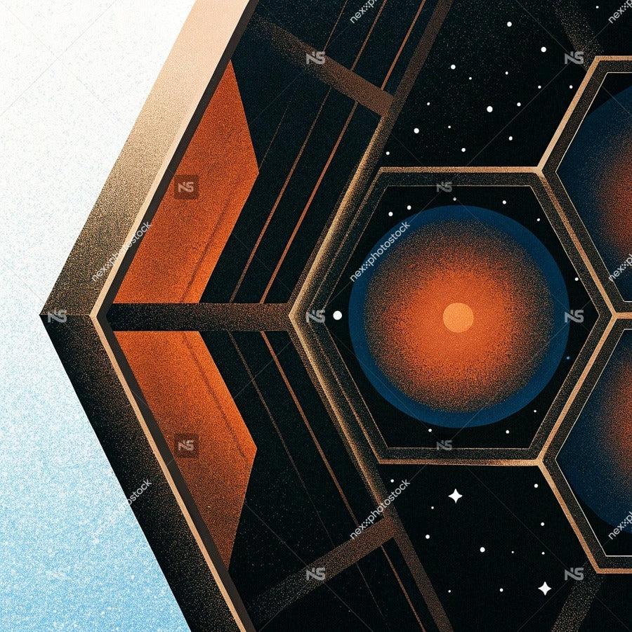 An Illustration Of A Hexagonal Spacecraft With A Starry Sky Background And A Red Planet In The Center — Stock Illustration