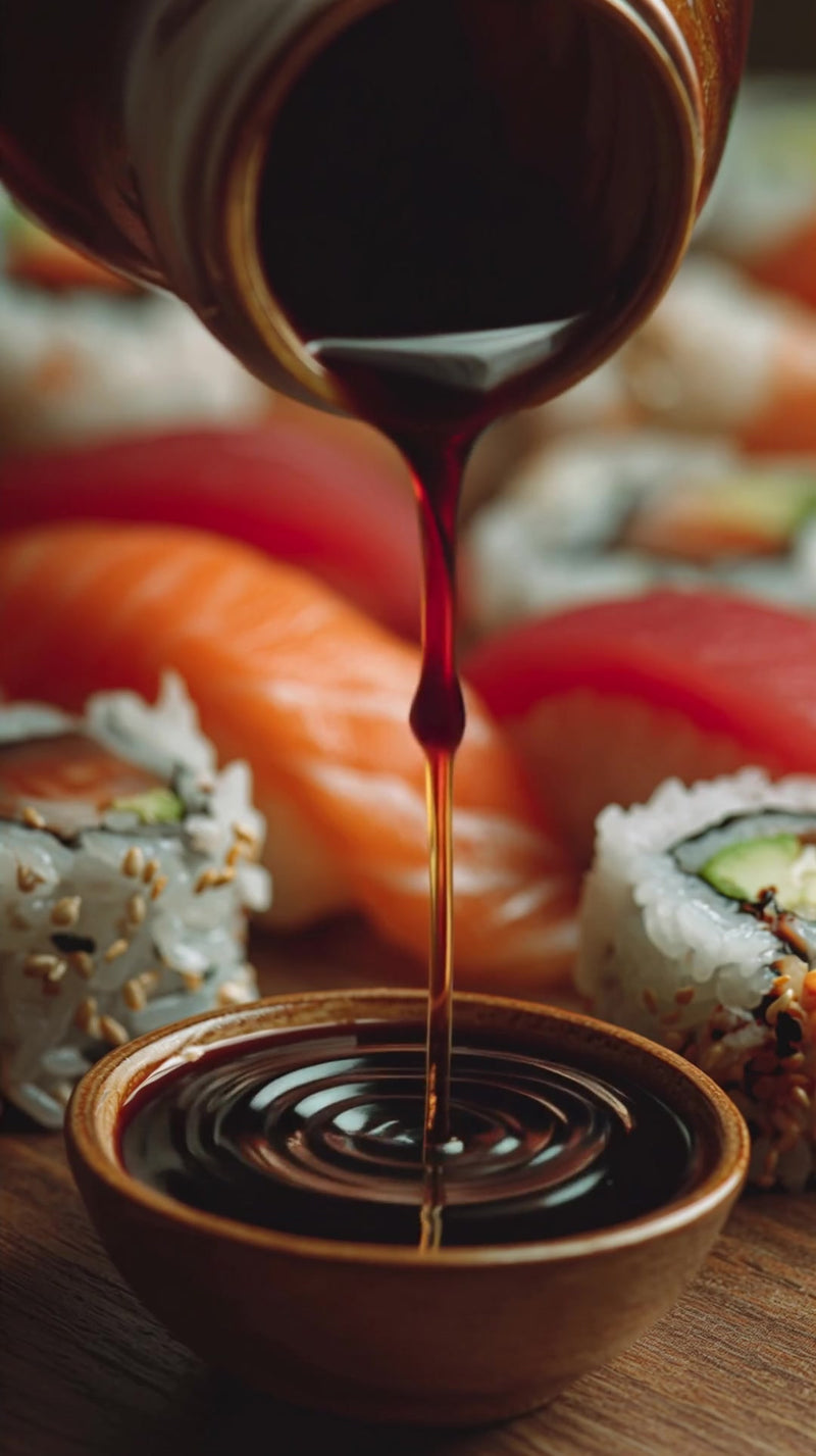 a bottle of soy sauce is being poured over sushi on a wooden table - Stock Video