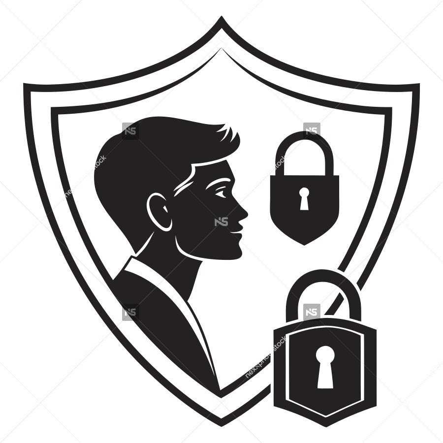 Black And White Illustration A Shield Emblem With A Man S Profile Silhouette On The Left Side And A Key Lock Symbol — Stock Vector