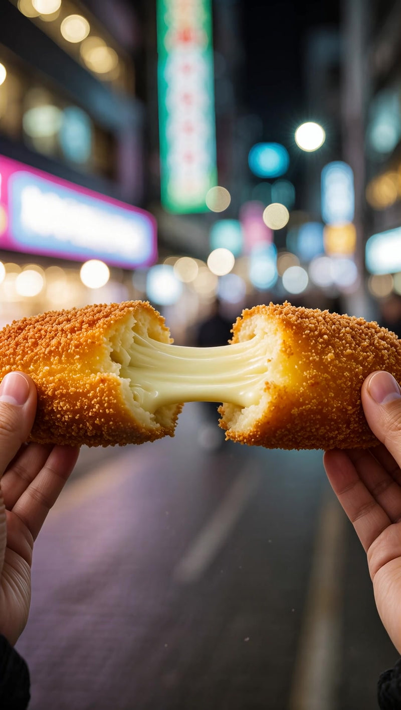 a cheesy fried doughnut with melted cheese oozing out held by two hands in a city street night scene - Stock Video