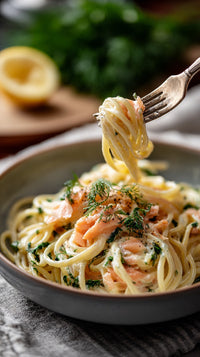 A Plate Of Creamy Pasta With Salmon Topped With Herbs And Served On A Wooden Table — Stock Photo