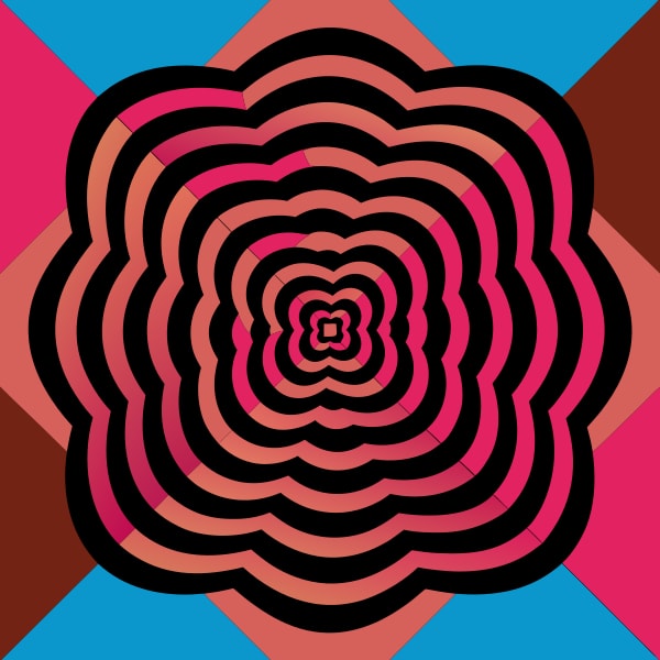 Abstract Design A Symmetrical Pattern With A Central Spiral And Concentric Circles In Shades Of Red Pink Blue And Draft End — Stock Vector