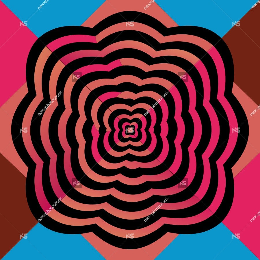 Abstract Design A Symmetrical Pattern With A Central Spiral And Concentric Circles In Shades Of Red Pink Blue And Draft End — Stock Vector