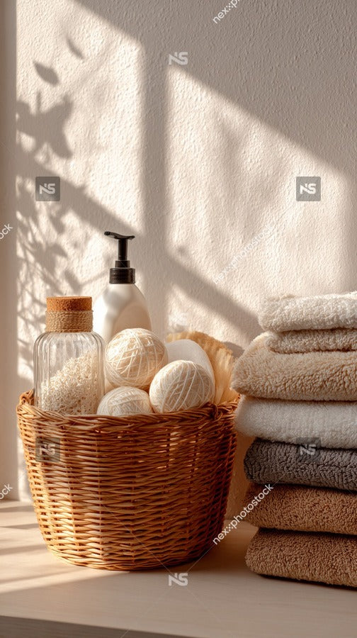 A Basket Of Towels Is Placed On A Countertop With A Window Providing Natural Light In The Background — Stock Photo