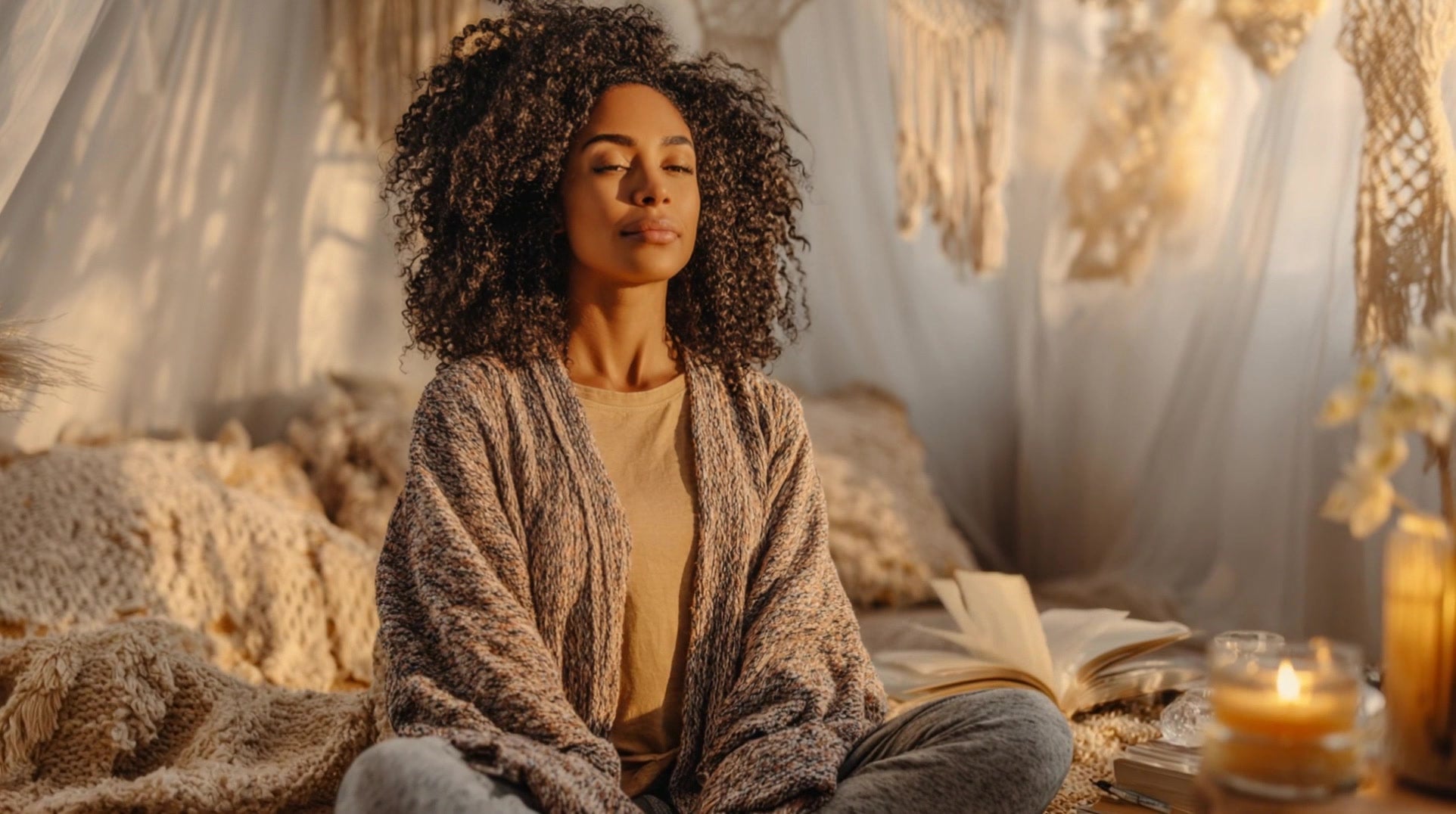 a woman is seated in a meditative pose with her eyes closed and hands resting on her knees - Stock Video