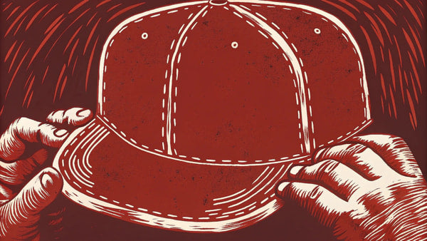Red Baseball Cap With White Stitching And Logo Held By Hands In Close Up Shot — Stock Illustration