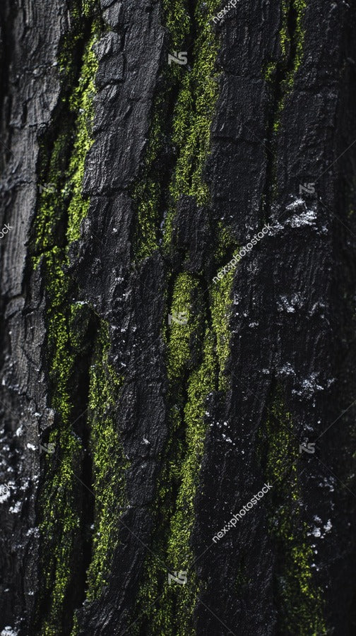 Mossy Tree Bark With Close Up Detail Showcasing The Texture And Growth Patterns Of Moss On A Dark Background — Stock Photo