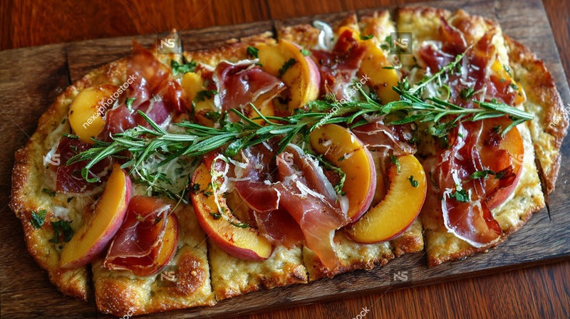 Wooden Board Topped With Sliced Peaches And Prosciutto Garnished With Herbs On A Wooden Table — Stock Photo