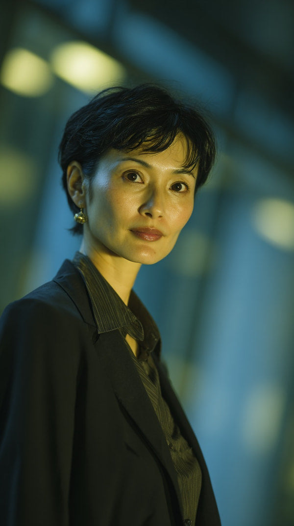 A Woman Stands In A Dimly Lit Room Her Gaze Directed Off To The Side — Stock Photo