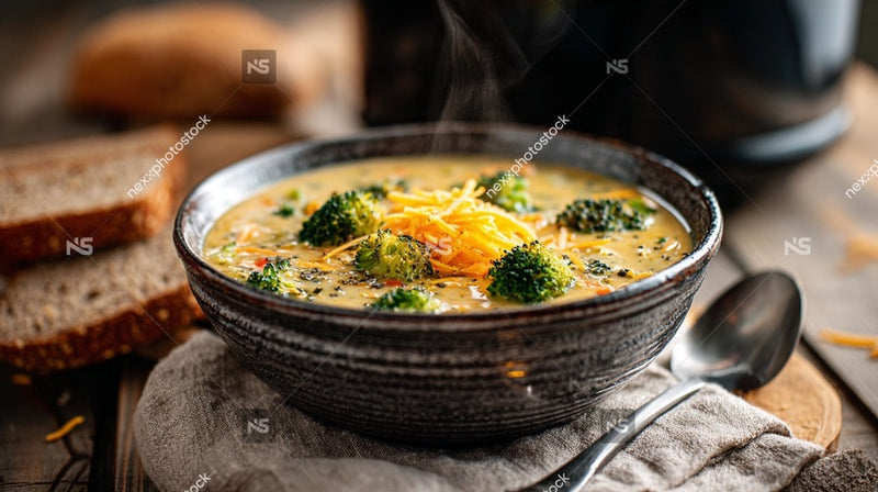 A Bowl Of Creamy Broccoli Soup With Bread On The Side Placed On A Wooden Table — Stock Photo