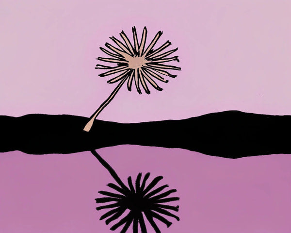 A Single Dandelion Seed Floating On A Still Body Of Water Under A Pink Sky — Stock Illustration