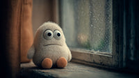 A Small Beige Stuffed Animal Sits Alone In A Room Looking Out Of A Window With Raindrops On It — Stock Photo