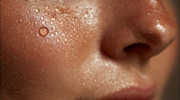 Shows A Close Up View Of A Person S Face With Visible Droplets Of Sweat Due To Physical Exertion Heat — Stock Photo
