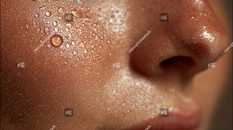Shows A Close Up View Of A Person S Face With Visible Droplets Of Sweat Due To Physical Exertion Heat — Stock Photo