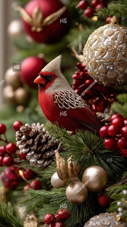 Cardinal Perched On A Festive Christmas Tree Adorned With Red And Gold Ornaments Pine Cones And Berries — Stock Photo