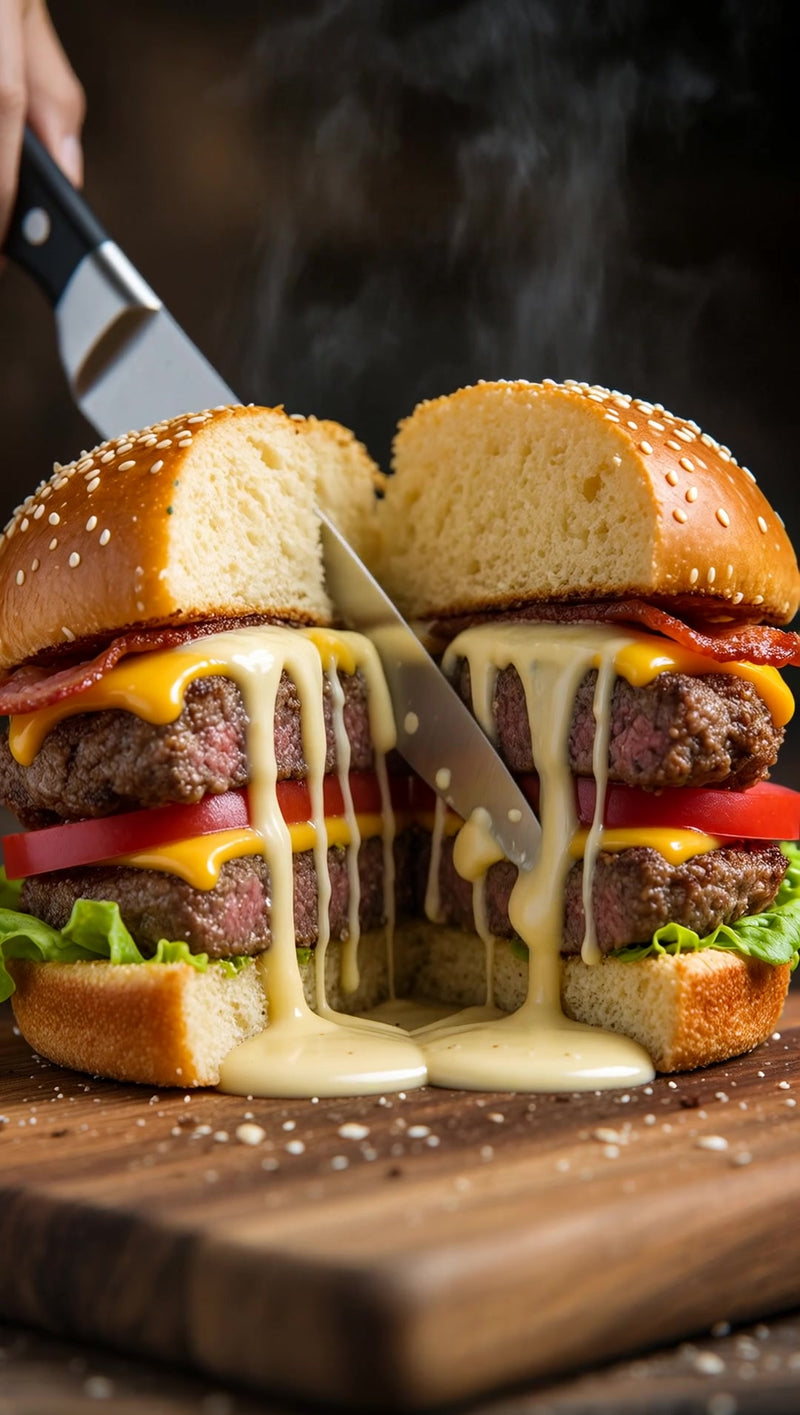 showcases a large sandwich cut in half and held together by toothpicks with melted cheese drizzled over it - Stock Video