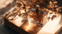 A Perfume Bottle Is Placed On An Open Book Page With Sunlight Casting Shadows And Creating A Warm Ambiance — Stock Photo