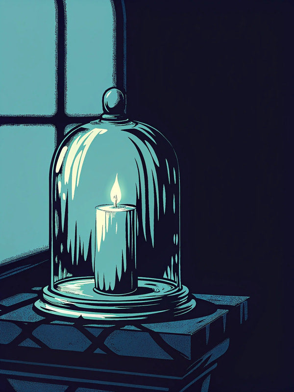 A Glass Jar Candle With A Lit White Candle Inside Placed On A Table In A Dark Room — Stock Illustration