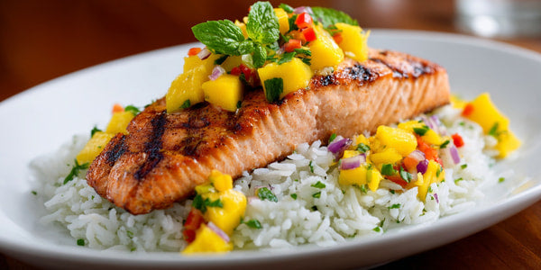 Delicious Grilled Salmon Served On A Bed Of Rice And Garnished With Fresh Herbs And Colorful Vegetables — Stock Photo