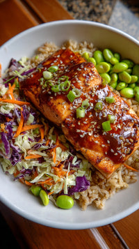 A Plate Of Asian Cuisine A Piece Of Meat Covered In Sauce Accompanied By Rice And Vegetables Including Broccoli And Carrots — Stock Photo
