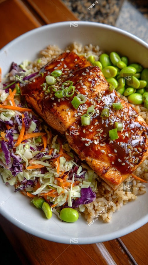 A Plate Of Asian Cuisine A Piece Of Meat Covered In Sauce Accompanied By Rice And Vegetables Including Broccoli And Carrots — Stock Photo