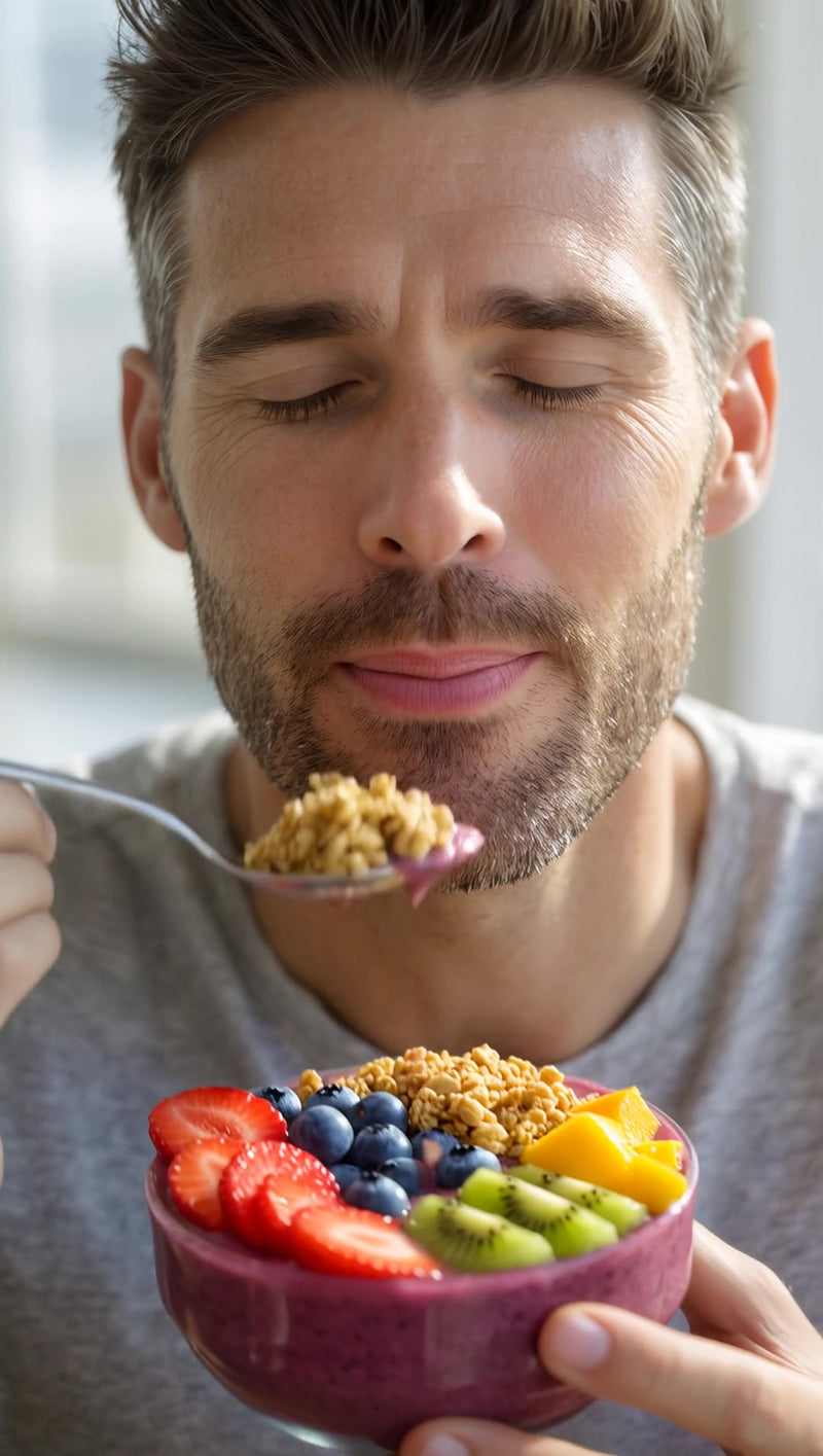 a man holding a bowl filled with assorted fruits such as berries and bananas is captured in a close up portrait - Stock Video