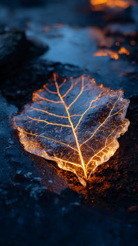 A Frozen Leaf In Ice With A Glowing Outline Set Against A Dark Background — Stock Photo