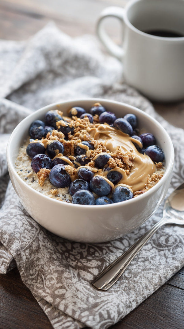 Bowl Of Oatmeal Topped With Blueberries And A Drizzle Of Caramel Sauce On A Wooden Table — Stock Photo