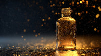 Amber Glass Bottle With Golden Liquid Set Against A Dark Background Surrounded By Sparkling Droplets — Stock Photo