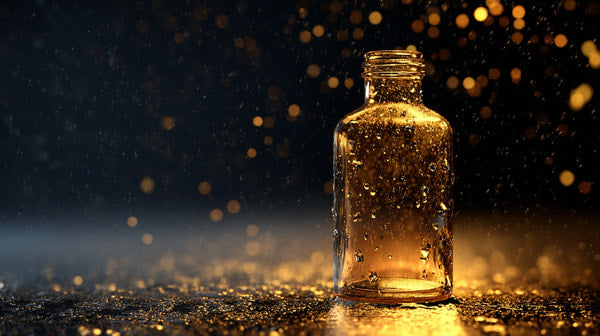 Amber Glass Bottle With Golden Liquid Set Against A Dark Background Surrounded By Sparkling Droplets — Stock Photo