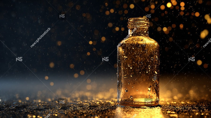 Amber Glass Bottle With Golden Liquid Set Against A Dark Background Surrounded By Sparkling Droplets — Stock Photo