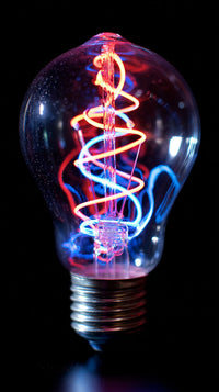 A Glowing Led Light Bulb With A Red And Blue Neon Coil Inside Set Against A Black Background — Stock Photo