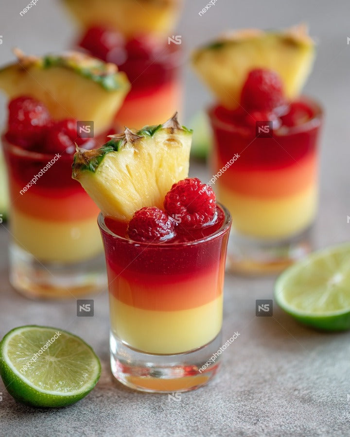 A Collection Of Rum Punch Shots Garnished With Raspberries And Lime Arranged On A Table — Stock Photo
