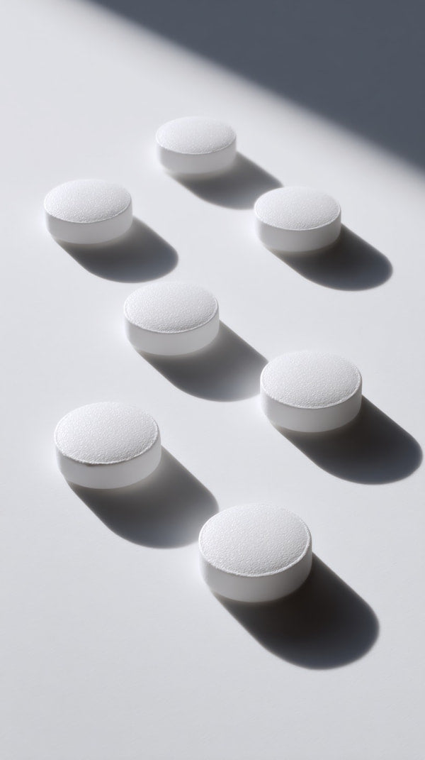 A Row Of White Pill Bottles Arranged In A Straight Line On A Light Colored Surface — Stock Photo