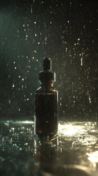 A Bottle Of Oil Sits On A Table Amidst Raindrops With Droplets Visible In The Air Around It — Stock Photo