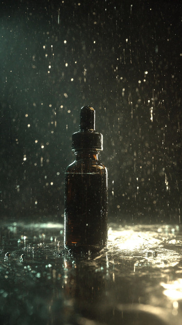 A Bottle Of Oil Sits On A Table Amidst Raindrops With Droplets Visible In The Air Around It — Stock Photo