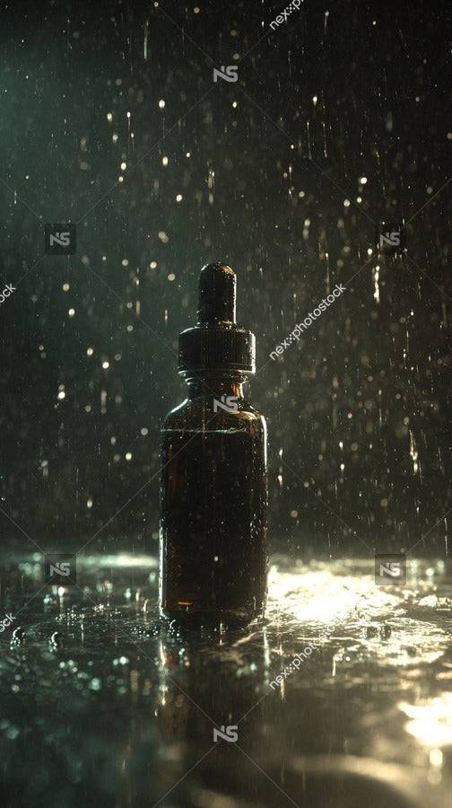 A Bottle Of Oil Sits On A Table Amidst Raindrops With Droplets Visible In The Air Around It — Stock Photo