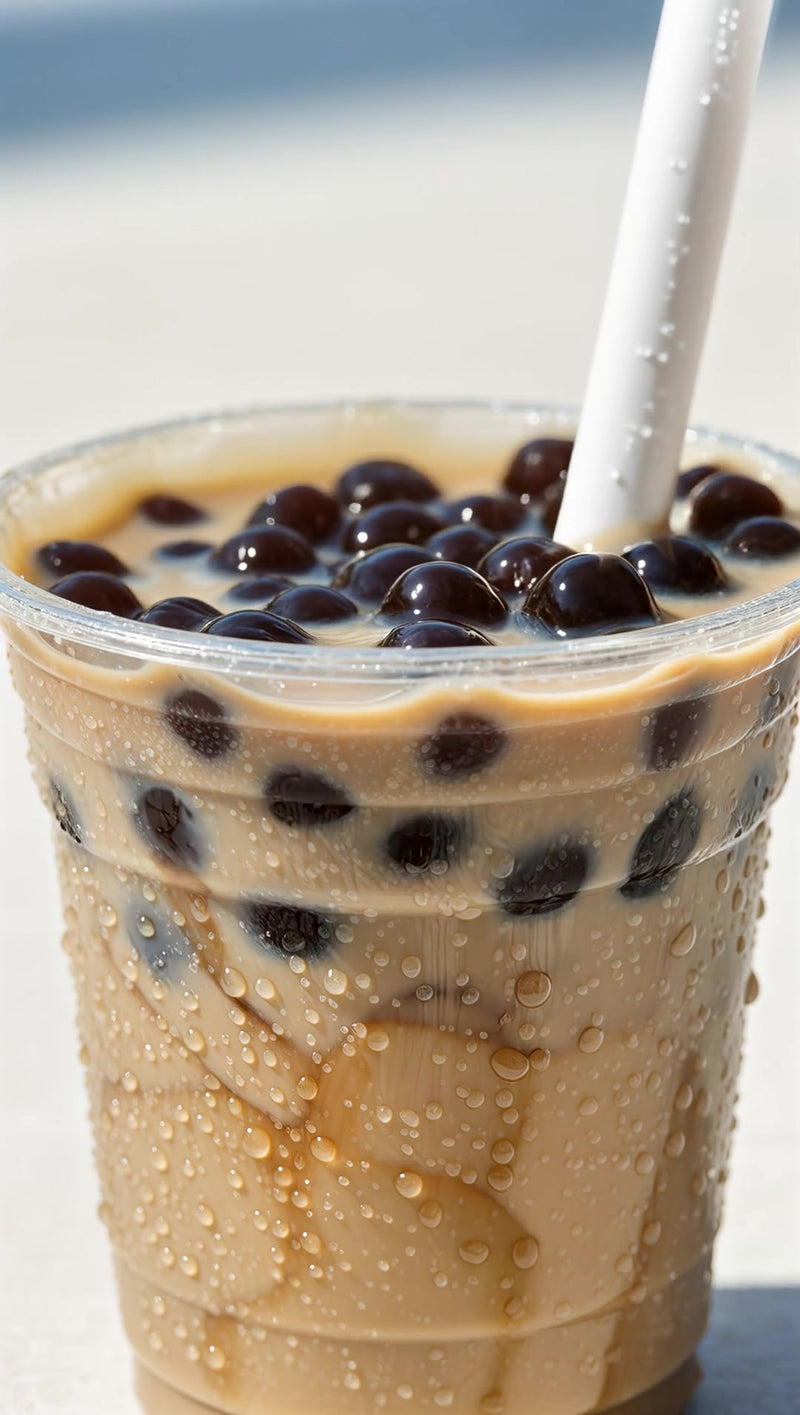 shows a beverage with tapioca pearls and black bubbles on top served in a clear plastic cup with a lid - Stock Video